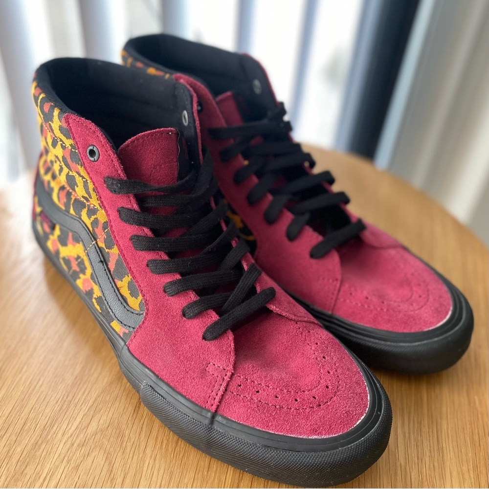 VANS Sk8 Hi Pro Punk Burgundy Leopard Print Suede Sneakers - Size 12